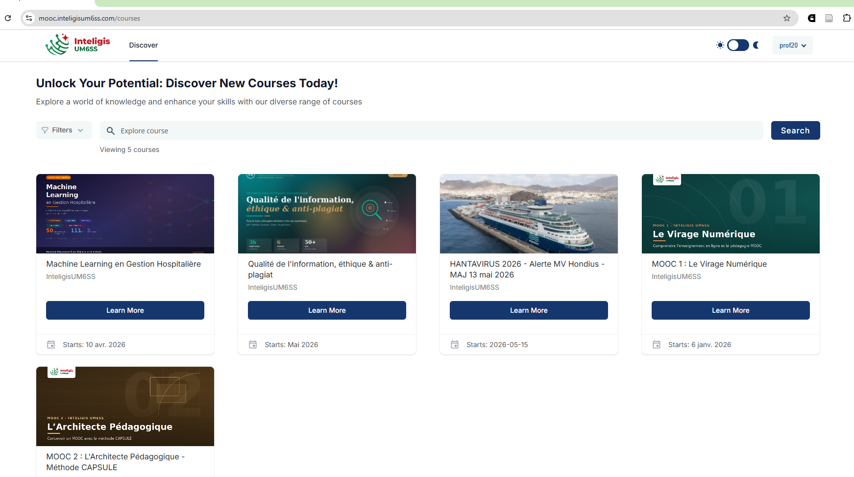 Aperçu de la plateforme MOOC Inteligis UM6SS